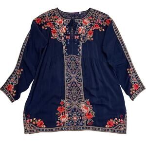 Johnny Was Embroidered Tunic | Navy Boho Folk Top, Romantic Kimono Sleeves Rayon